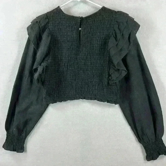 Zara Crop Shirred Elastic Top Size Medium Gray Long Sleeves Ruffled Caps - Picture 5 of 11